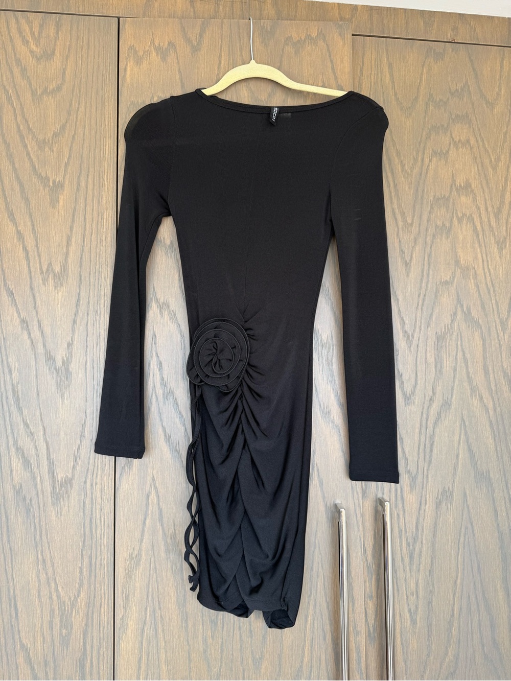 H&M Black Long-Sleeve Ruched Dress with Rosette Accent